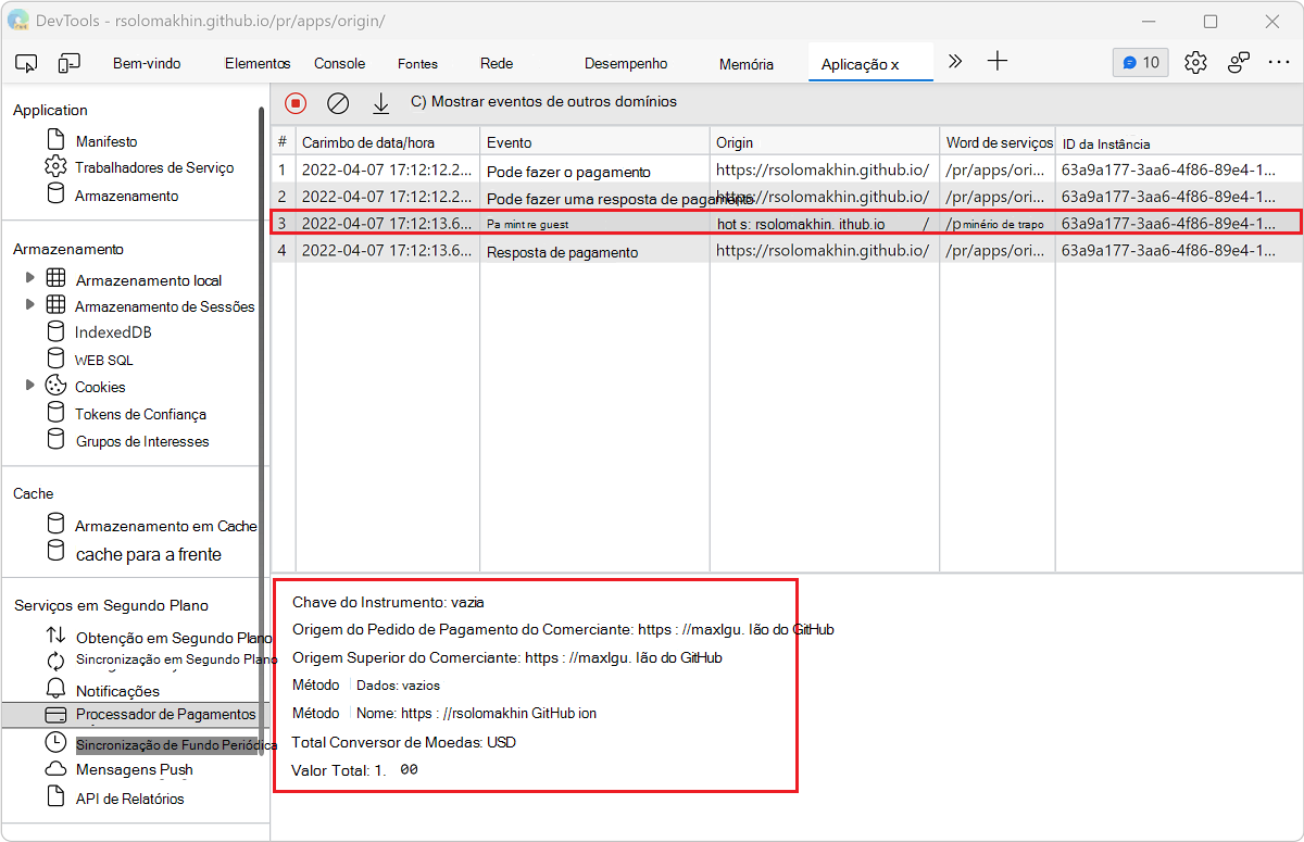 Exibir os detalhes de um evento no painel Manipulador de Pagamento