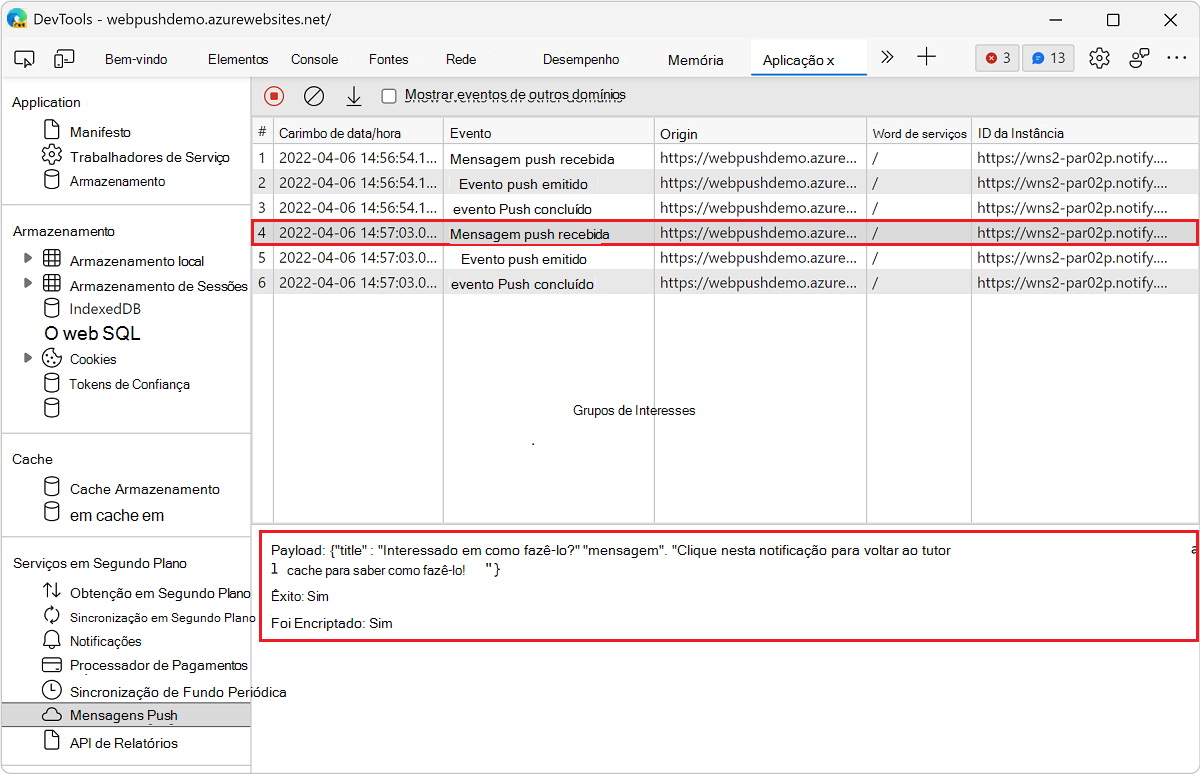Exibir os detalhes de um evento no painel Mensagens por Push