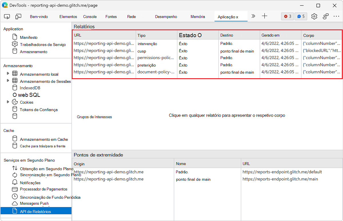 Lista de relatórios no painel API de Relatório