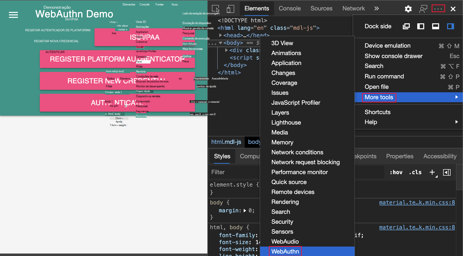 Abrindo a ferramenta WebAuthn