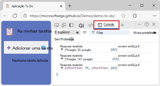 Coordenadas na ferramenta Console