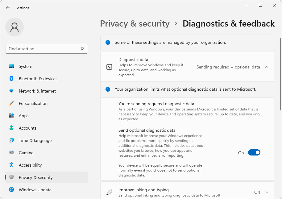 Configurações no Windows 11 para dados de diagnóstico
