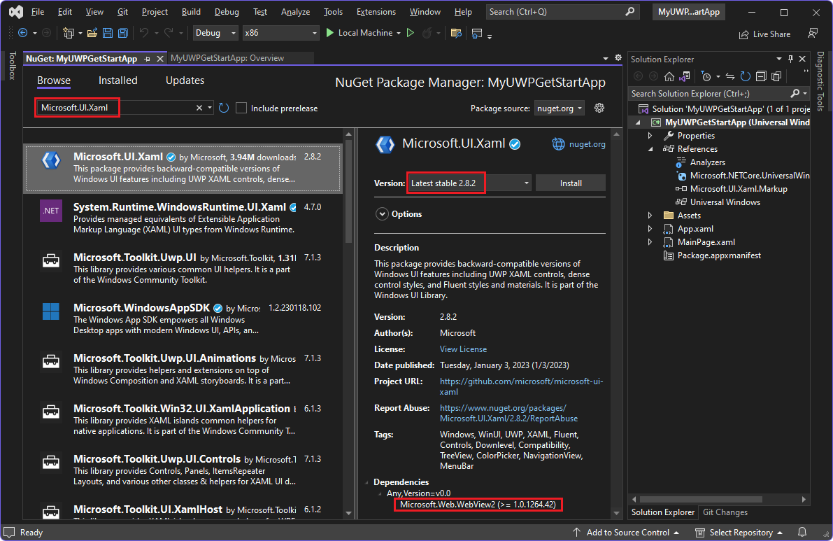 O gestor de pacotes NuGet para instalar o Microsoft.UI.Xaml