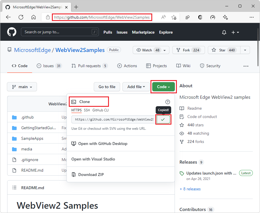 Clonar o repositório WebView2Samples