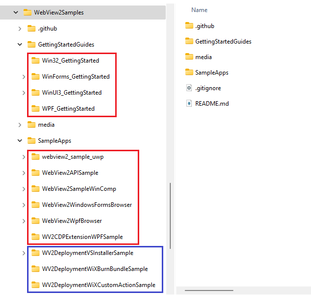 O repositório WebView2Samples transferido e deszipado