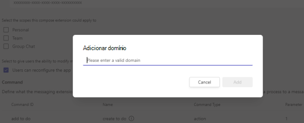 A captura de tela mostra como adicionar um domínio válido à sua extensão de mensagens para desdobramentos de links.
