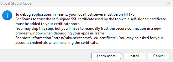 Captura de ecrã a mostrar o pedido para instalar um certificado SSL para permitir que o Teams carregue a sua aplicação a partir do localhost no Mac.