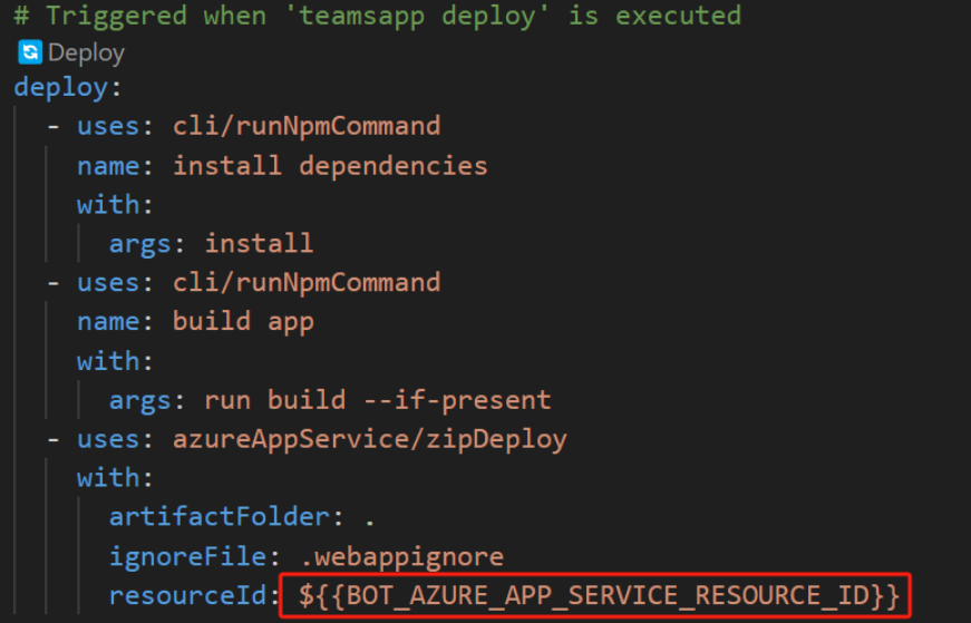 Captura de ecrã a mostrar o bot Azure ID de recurso do serviço de aplicações no ficheiro m365agents.yml.