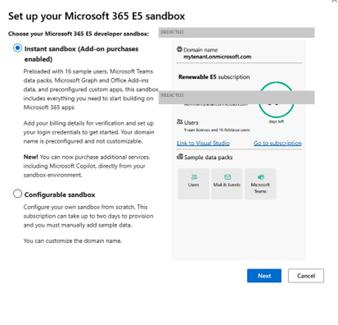 Configurar sua área restrita do Microsoft 365 E5 - caixa de diálogo de seleção de tipo de área restrita