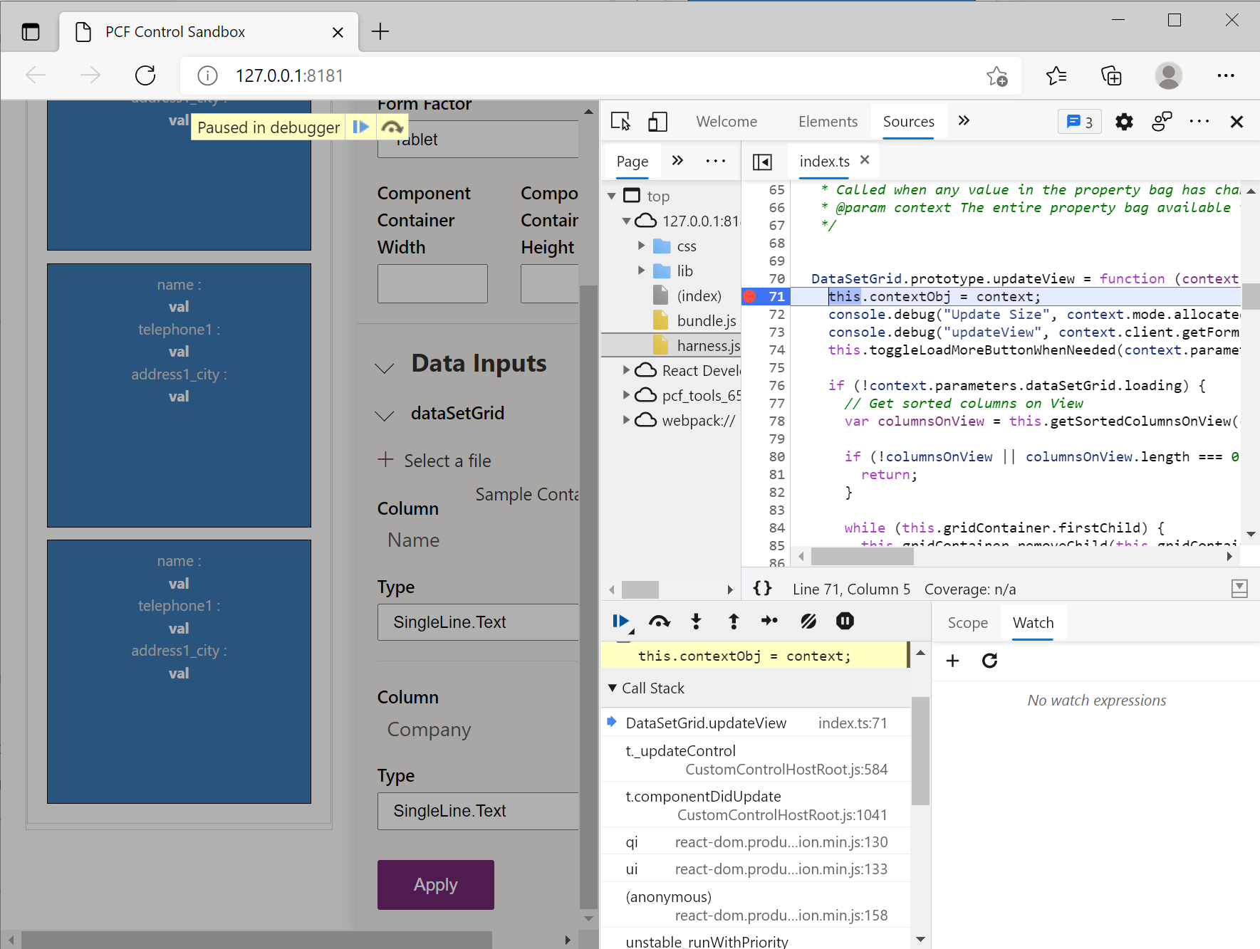 Captura de tela do Microsoft Edge DevTools pausado no ponto de interrupção updateView.