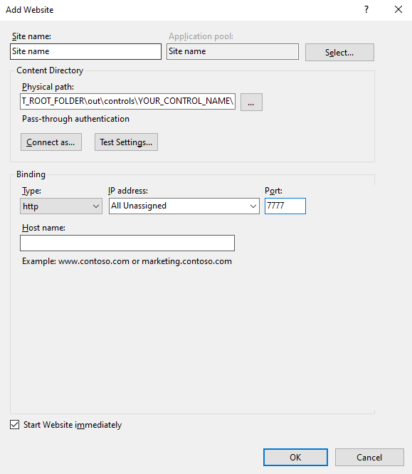 Captura de tela das configurações do IIS para hospedar arquivos de componente de código em um site local.