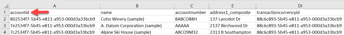 Exemplo de arquivo de exportação de uma tabela de Conta que mostra accountid como a chave primária.