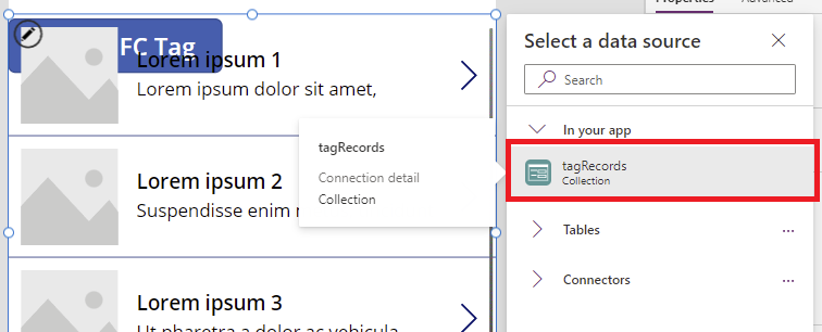 Fonte de dados para galeria selecionada como tagRecords.