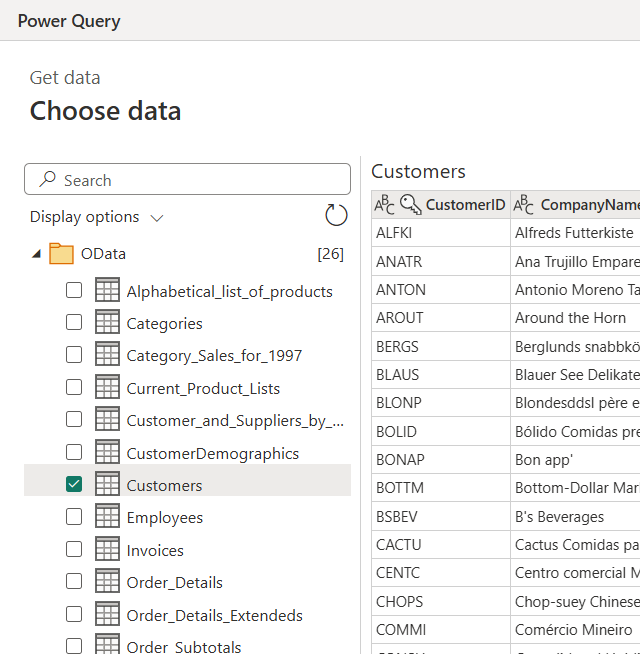 Captura de tela da caixa de diálogo Navegador do Power Query, com a tabela Customers selecionada.