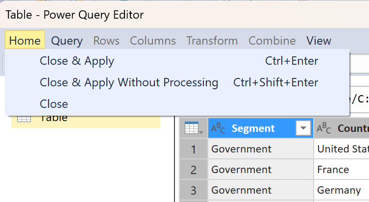 Captura de tela do botão Fechar &Aplicar no Analysis Services.