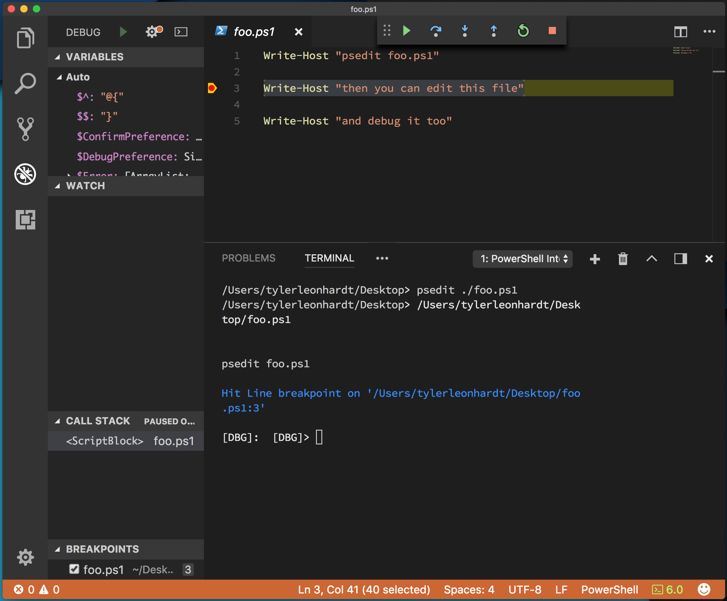debugando o script local do PowerShell