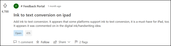 Captura de ecrã: exemplo de feedback card na conversão de tinta digital em texto num iPad.