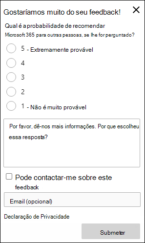 Captura de ecrã: exemplo de pedido de feedback no produto.