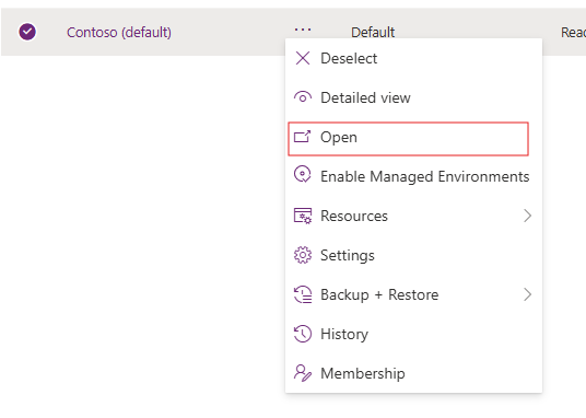 Captura de ecrã do botão Abrir instância do Dataverse.