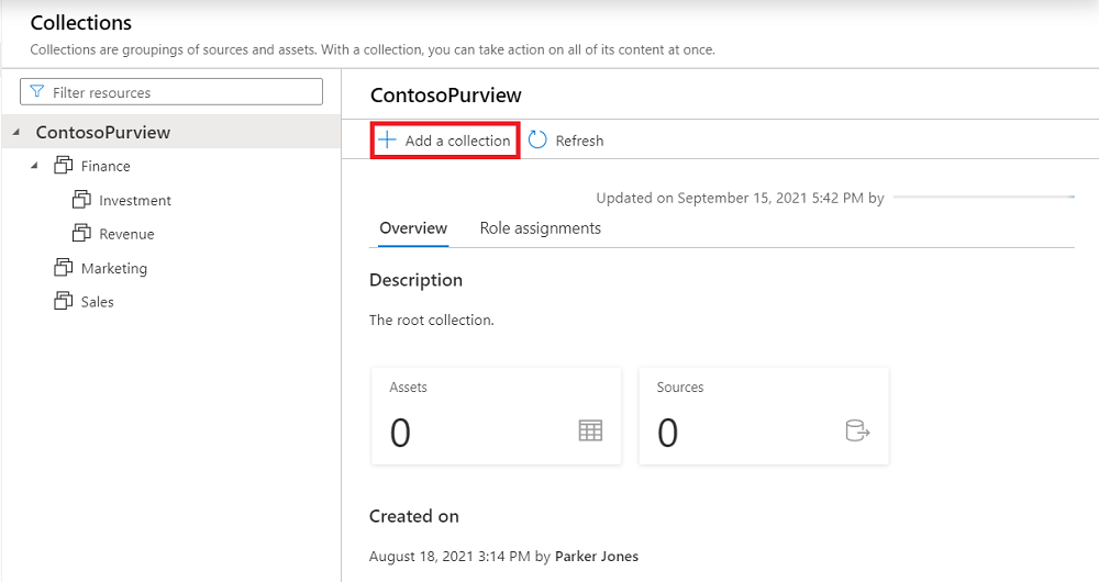 Captura de ecrã da janela clássica do portal de governação do Microsoft Purview, aberta no Mapa de Dados, com o separador Coleções selecionado e Adicionar uma Coleção realçado.