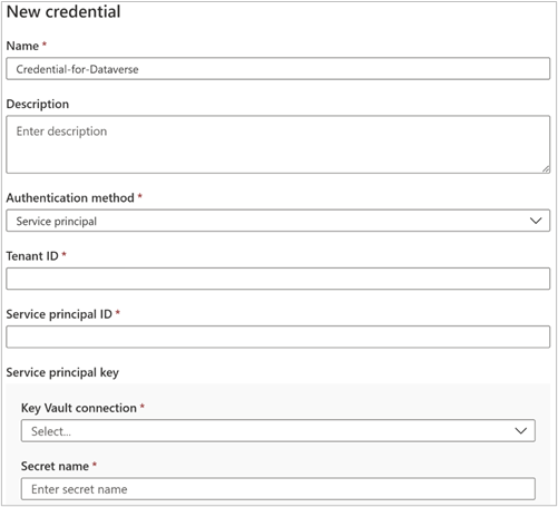 Captura de ecrã que mostra um exemplo para criar uma credencial no Microsoft Purview.
