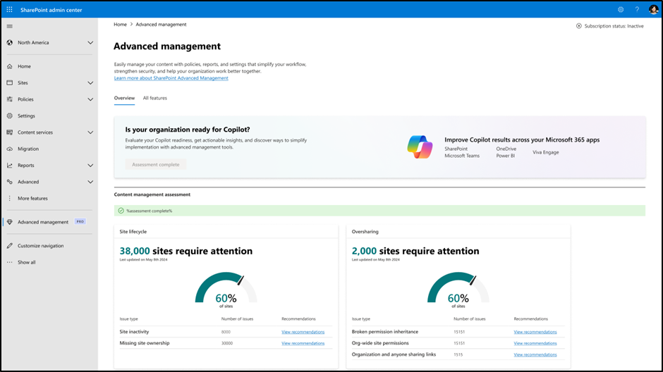 Captura de ecrã a mostrar a Avaliação de Gestão de Conteúdos de Gestão Avançada do SharePoint dashboard a mostrar os resultados da avaliação com sites afetados à esquerda e o painel de resultados do relatório à direita.