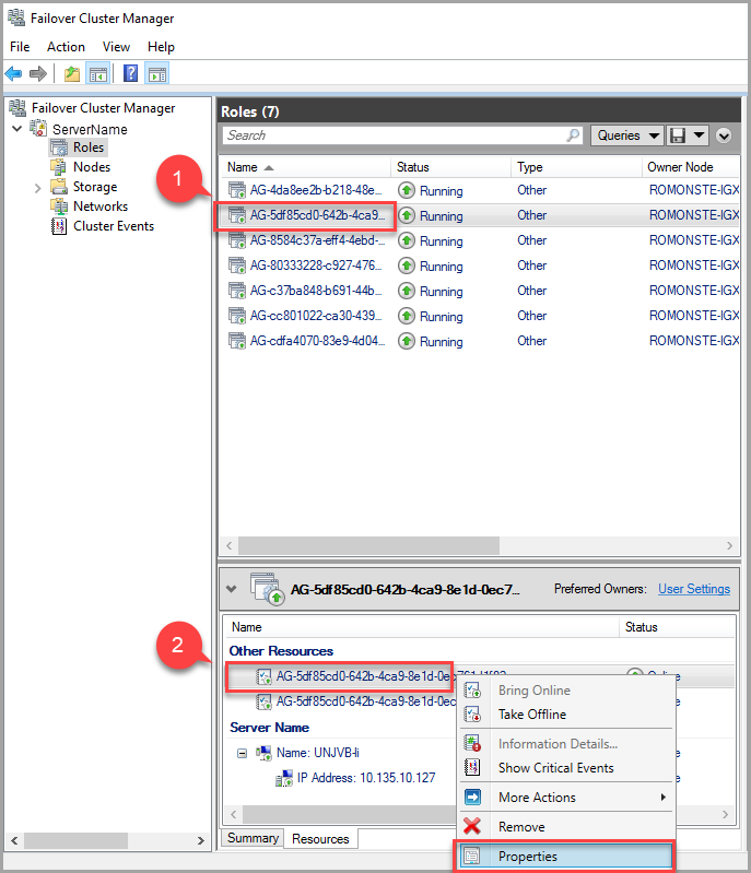 Captura de tela do Gerenciador de Cluster de Failover.