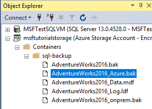 Captura de tela do Pesquisador de Objetos no SSMS mostrando o backup de instantâneo no Azure.