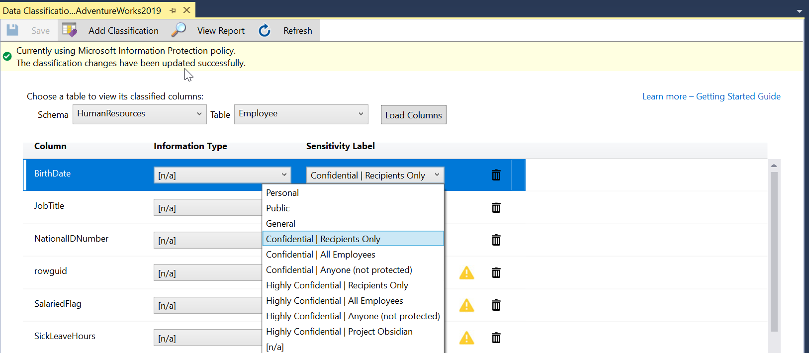 Escolhendo os rótulos de confidencialidade da Política de Proteção de Informações da Microsoft no SSMS