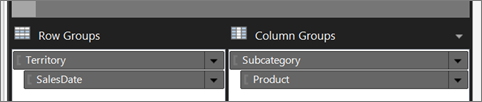 Captura de tela que mostra os Grupos de Linhas e os Grupos de Colunas do Report Builder.
