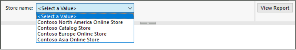 Captura de tela da visualização do relatório com o prompt de Nome da Loja atualizado que fornece uma lista suspensa com valores para o leitor.
