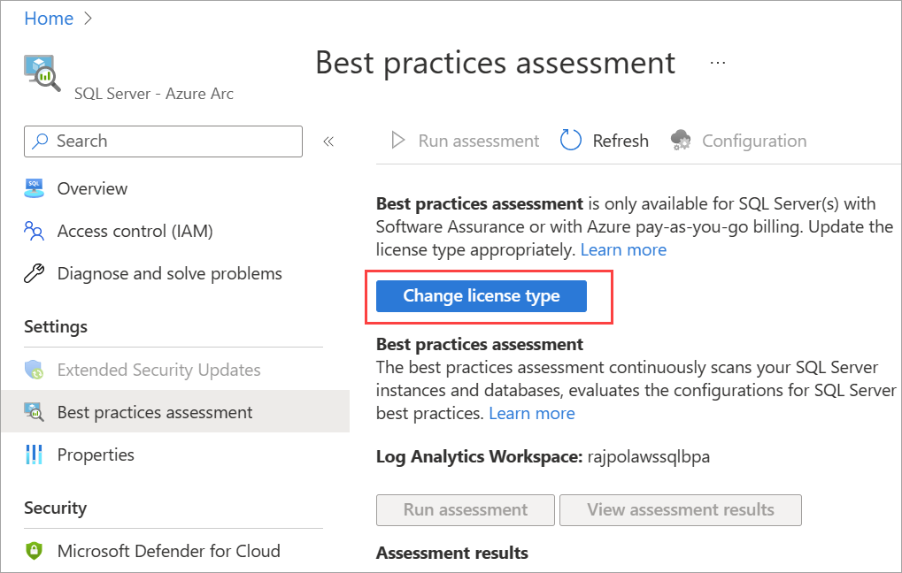Captura de tela do botão para alterar o tipo de licença no portal do Azure.
