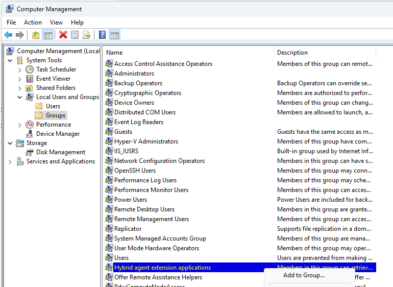 Captura de tela do Gerenciamento de Computador mostrando o grupo de aplicativos de extensão do agente híbrido.
