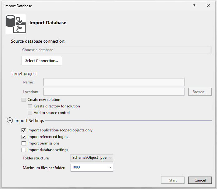 Screenshot da caixa de diálogo Importar Banco de Dados em Visual Studio.