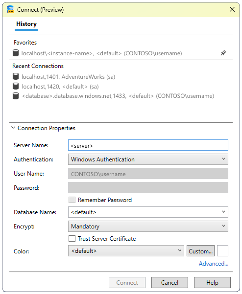 Captura de tela da caixa de diálogo de conexão moderna do SQL Server.