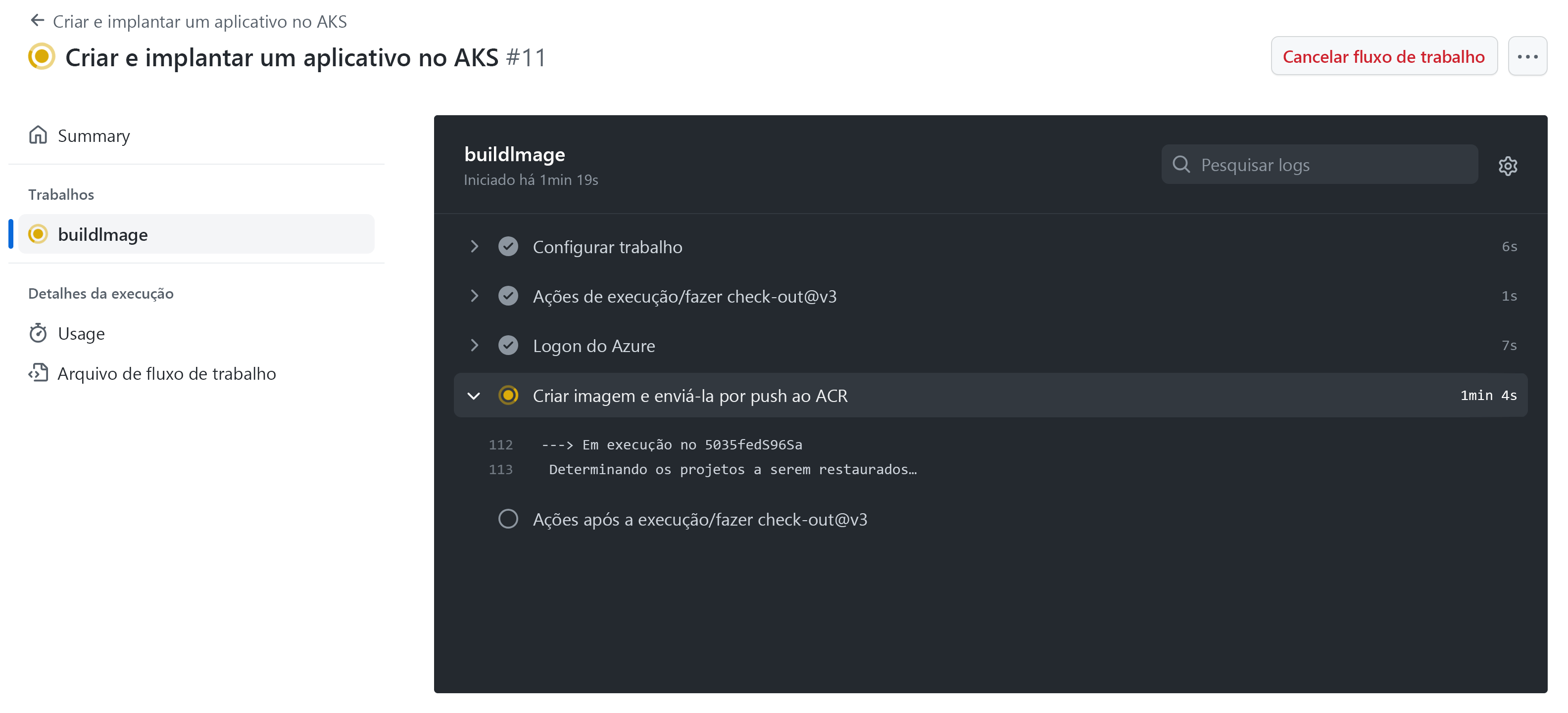 Captura de tela mostrando um fluxo de trabalho do GitHub em andamento.