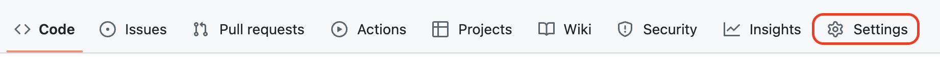 Barra de menus de uma interface da Web com guias como Código, Problemas e Wiki. As Configurações estão realçadas.