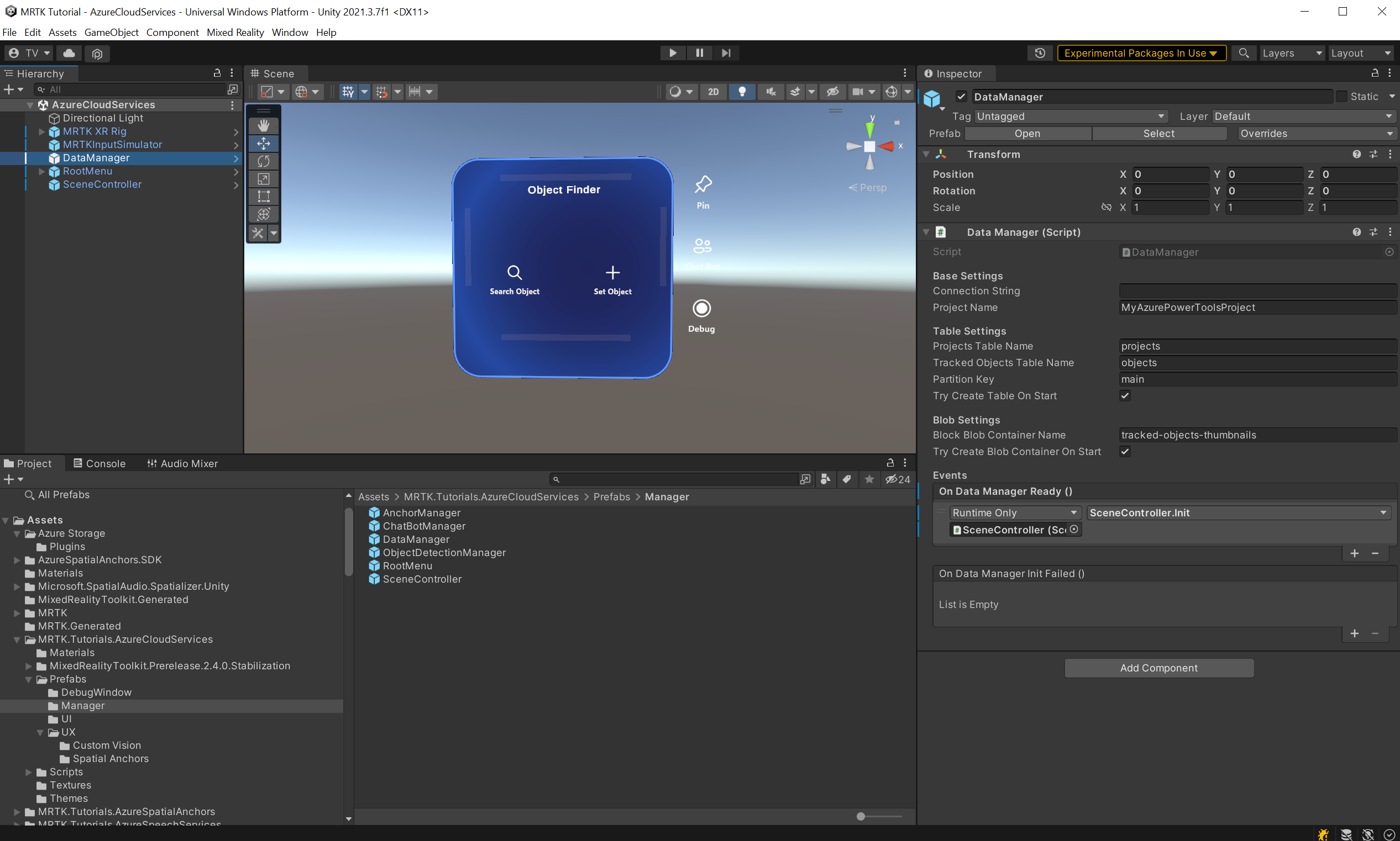 Captura de tela do Unity com os campos de configuração do componente de script DataManager mostrados no Inspetor.