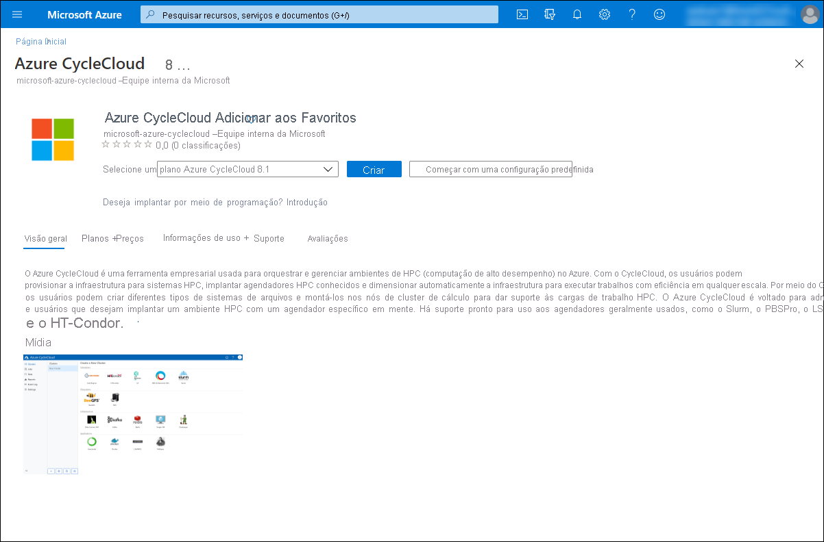 Captura de tela mostrando a seção Criar do Azure CycleCloud no portal do Azure.