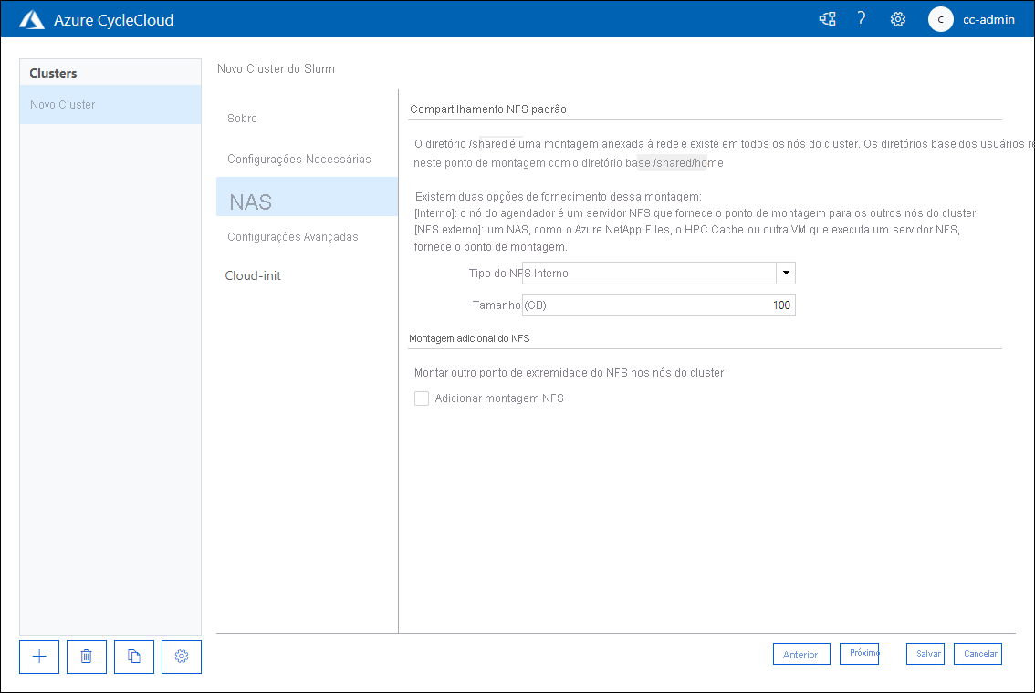 Captura de tela que mostra a guia NAS da página Novo Cluster do SLURM do aplicativo Web do Azure CycleCloud.
