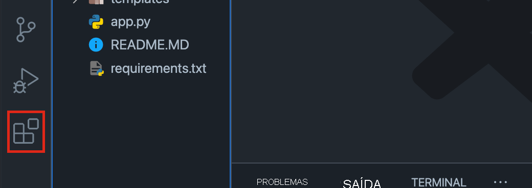 Captura de tela da barra de atividades do Visual Studio Code com o ícone de extensão realçado