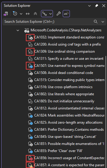 Captura de tela que mostra ícones de severidade para diagnóstico do analisador no Gerenciador de Soluções.