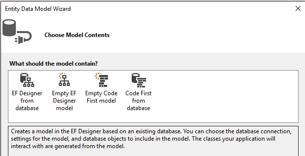 Captura de tela que mostra as opções para gerar o novo modelo no assistente de modelo de dados de entidade.