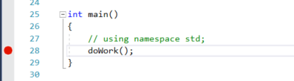 Captura de tela que mostra como definir um ponto de interrupção no depurador do Visual Studio 2022.