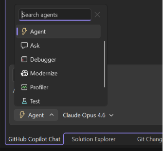 Screenshot mostrando o seletor de agente com agentes personalizados em Visual Studio.