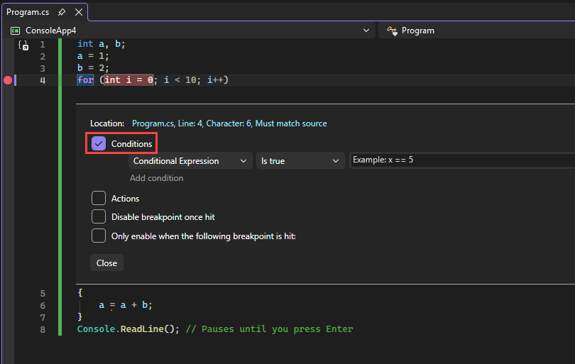 Captura de tela que mostra as configurações do ponto de interrupção.