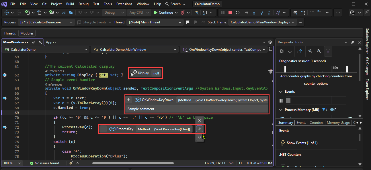 Captura de tela de uma sessão de depuração no Visual Studio com exemplos de dicas de dados.