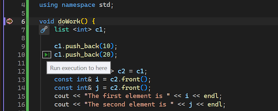 Captura de tela que mostra como trabalhar com a ação Executar até o clique no depurador do Visual Studio.