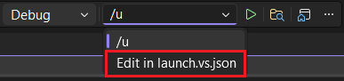 Captura de tela da lista suspensa de argumentos de linha de comando para projetos do CMake. Ele mostra Editar em launch.vs.json como uma opção.