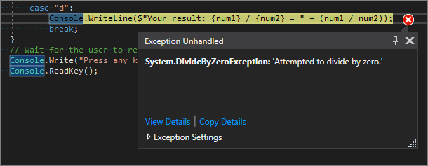 Captura de tela do editor do Visual Studio Code mostrando uma linha realçada em amarelo e uma exceção não tratada para 
